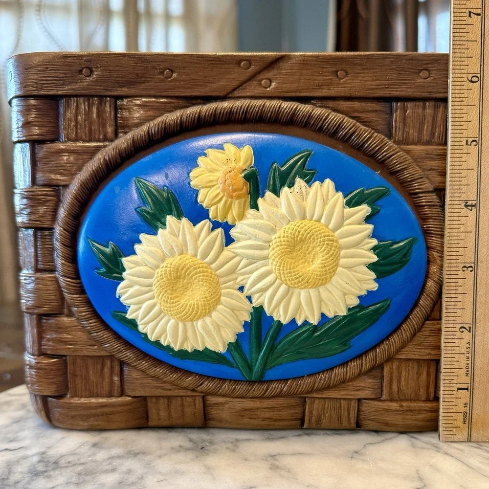 VTG 70s Ceramic Floral Basket Weave Planter Removable Daisy Sides Boho‎ Country